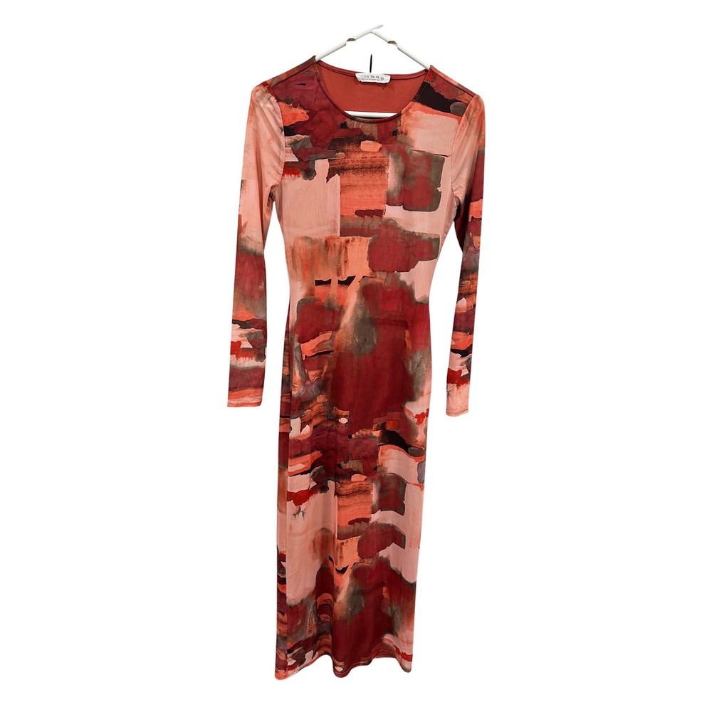 12th‎ Tribe Abstract Print Mesh Maxi Dress Rust Orange Long Sleeve XS